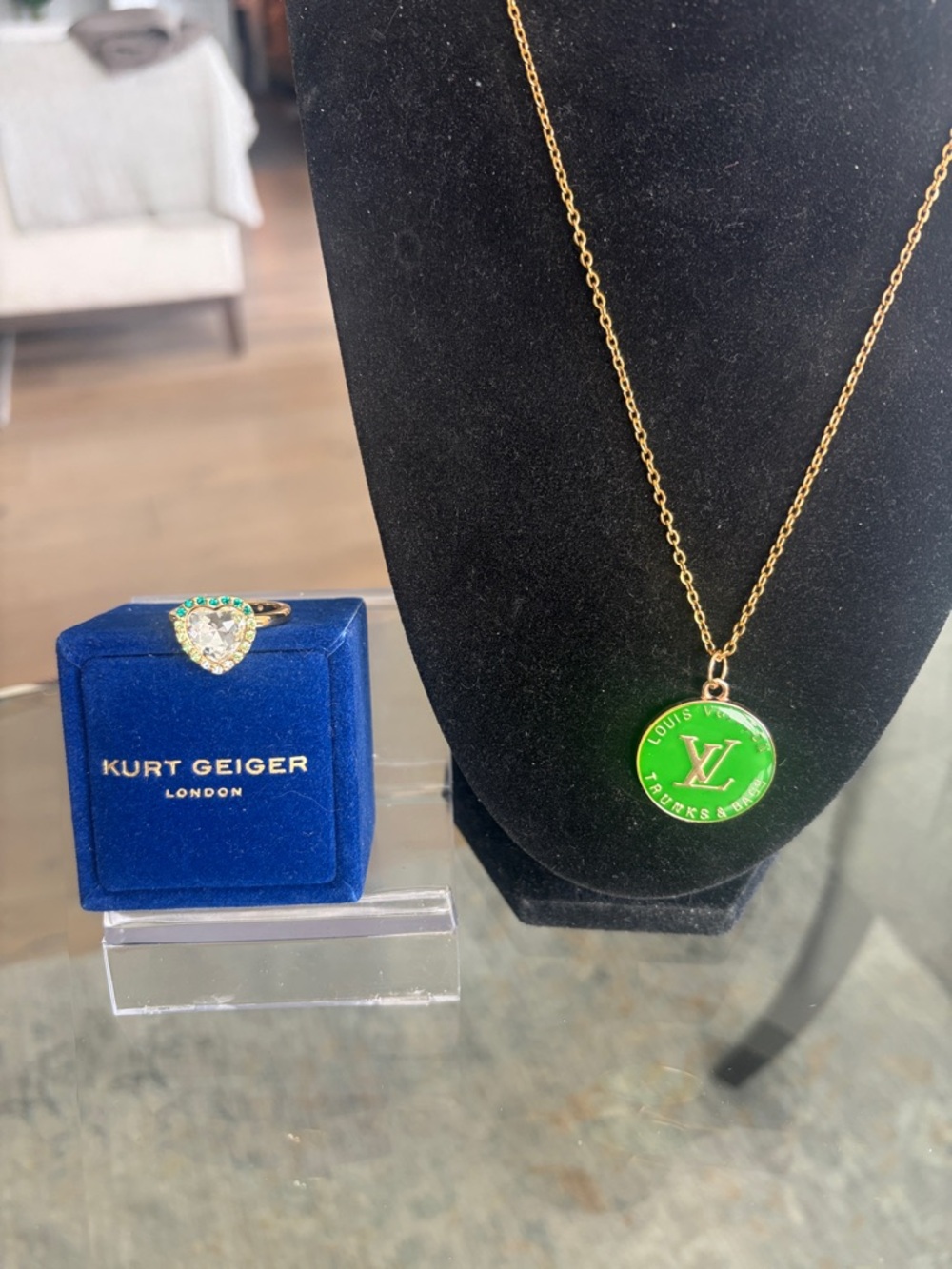 Bundle Kurt Geiger Green heart and crystal ring and green pendent with chain.